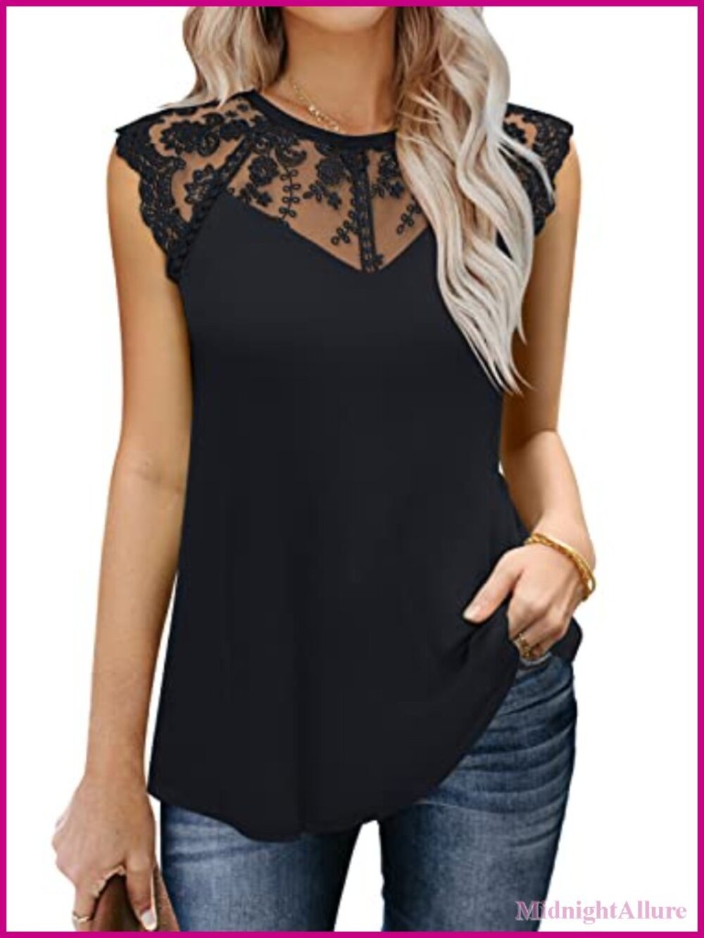 Women's Sleeveless Lace Floral Tank Top Crew Neck Loose Blouse